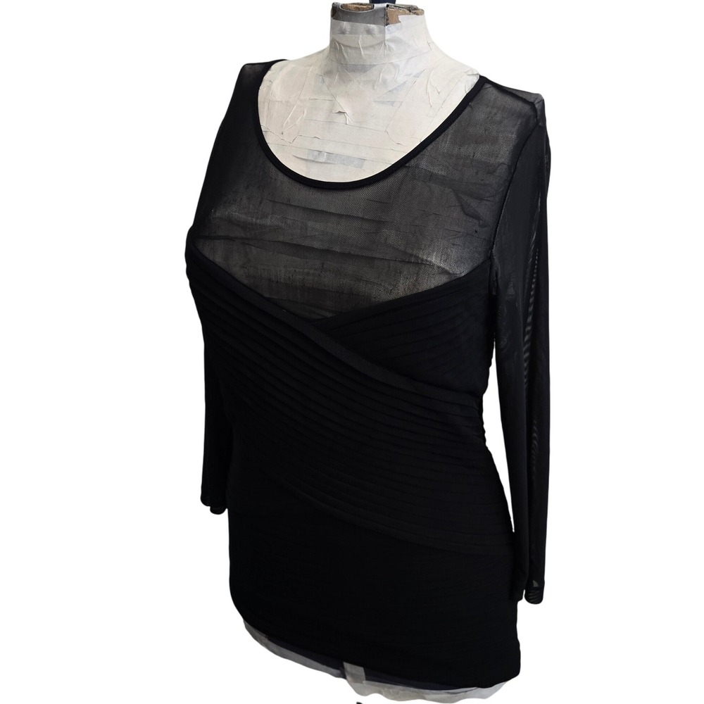 Boston Proper Black Long Sleeve Mesh Top Pleated Blouse Sm Little Black Top Chic